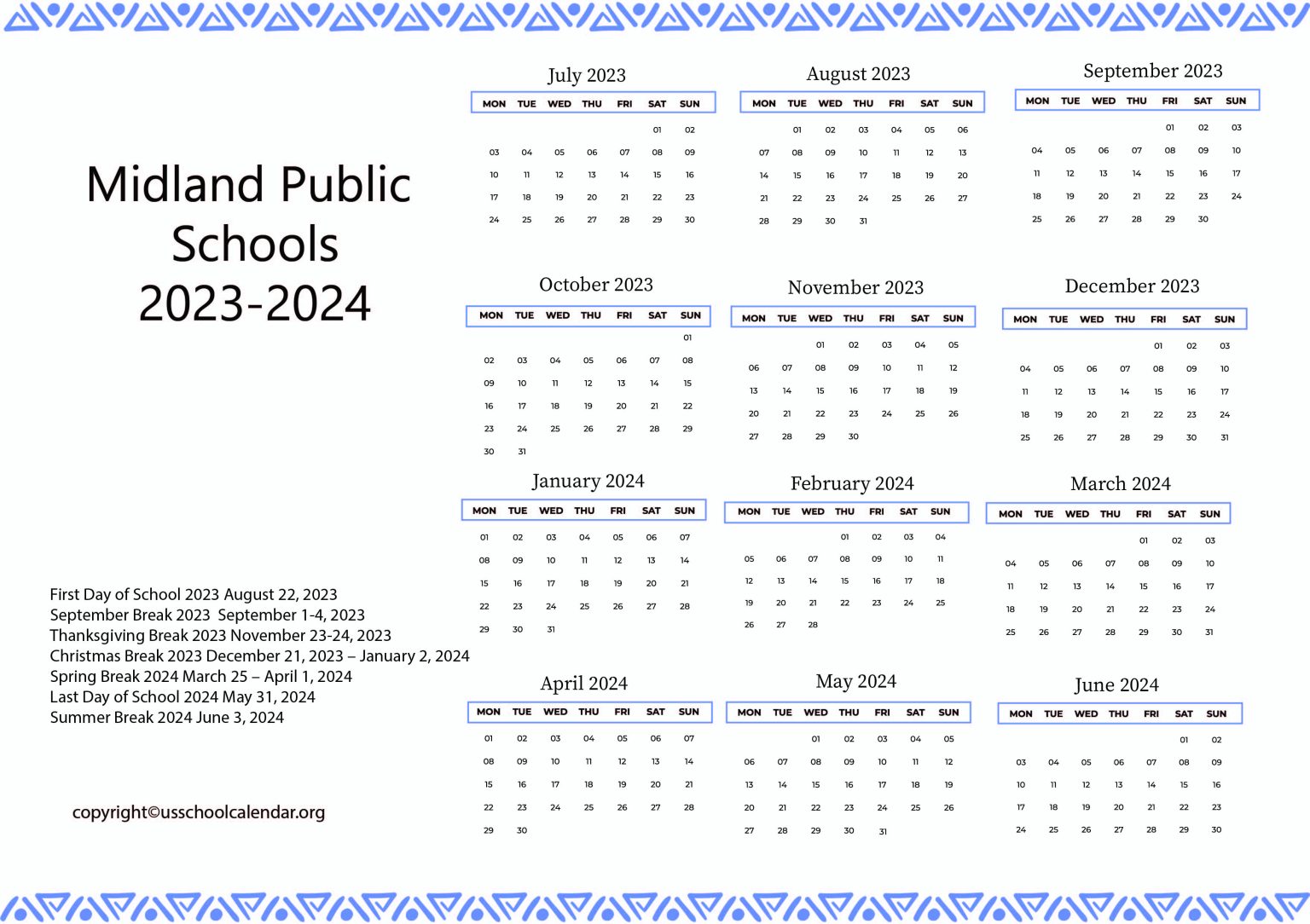 Midland Public Schools Calendar with Holidays 20232024