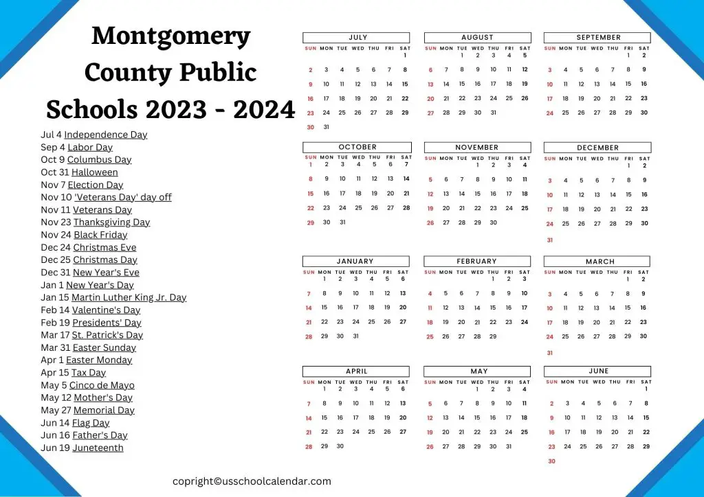 Montgomery Area School District Holiday Calendar