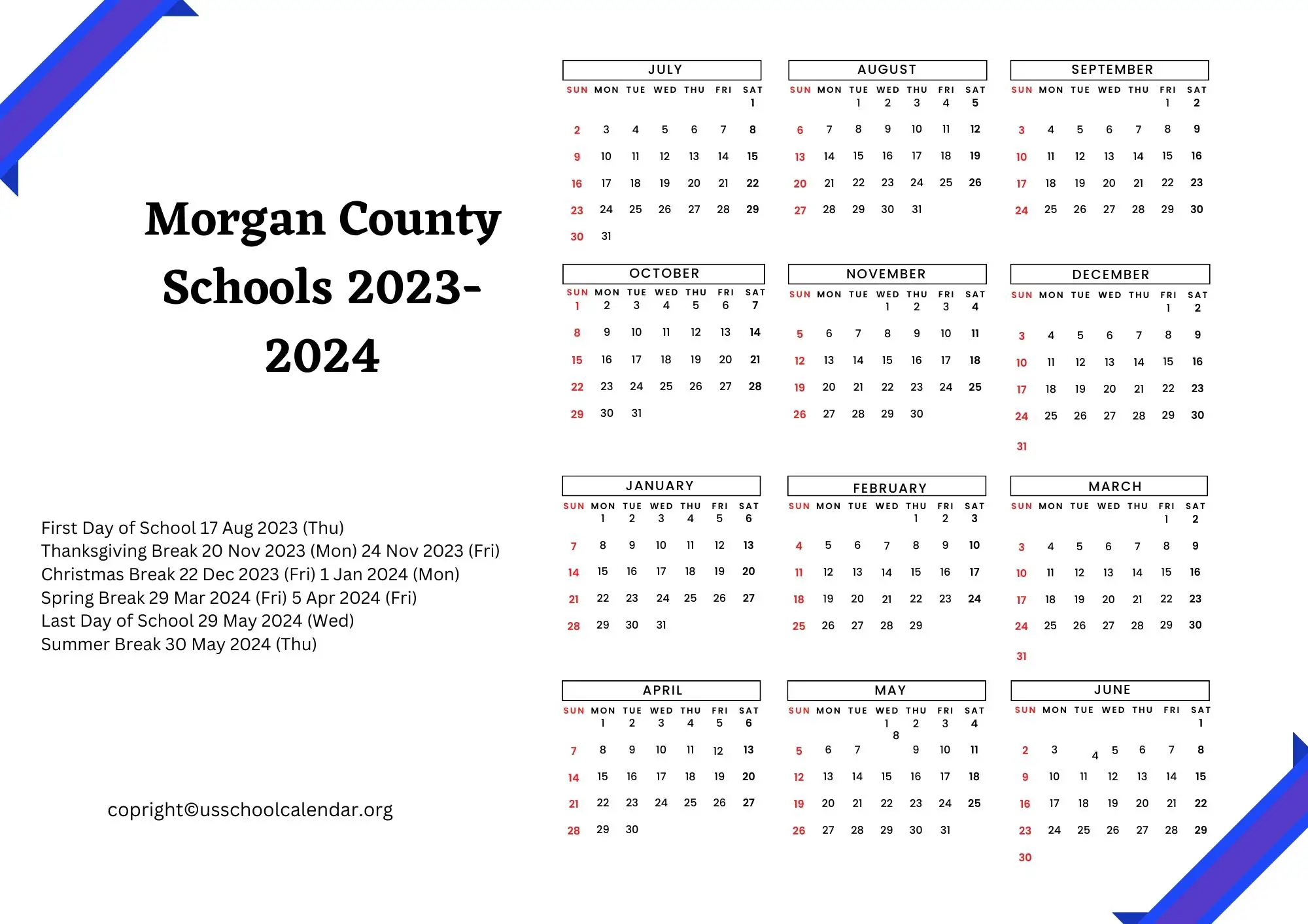 County Schools Calendar with Holidays 20232024