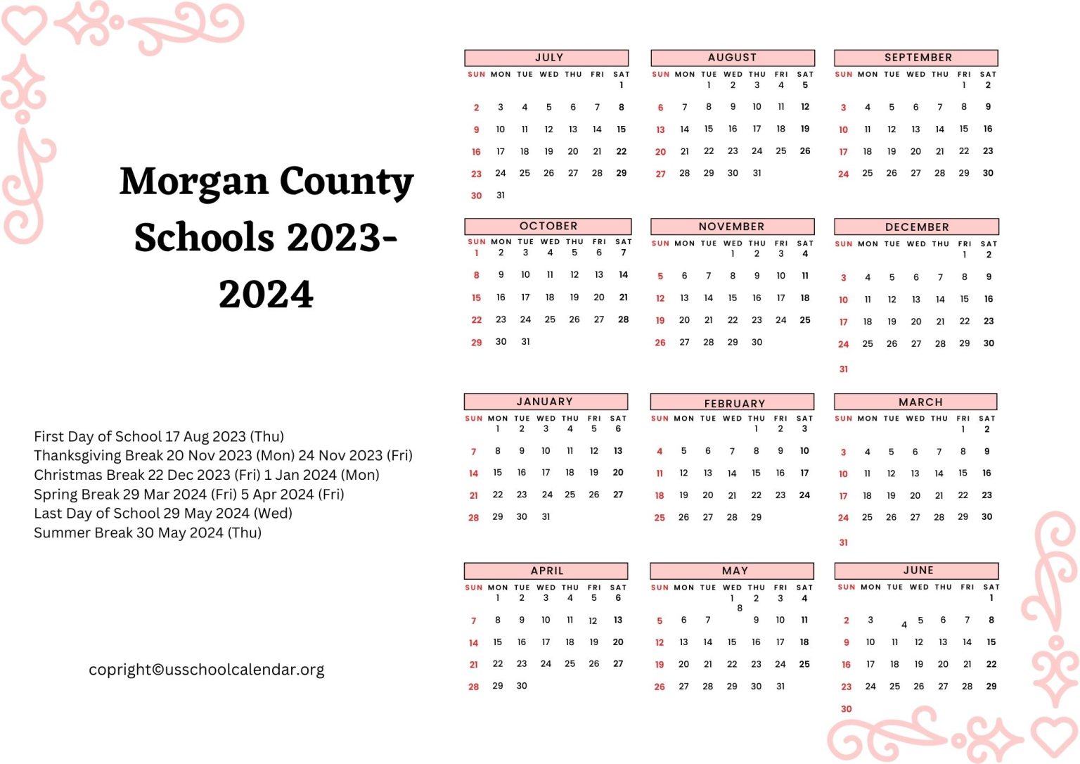 County Schools Calendar with Holidays 20232024