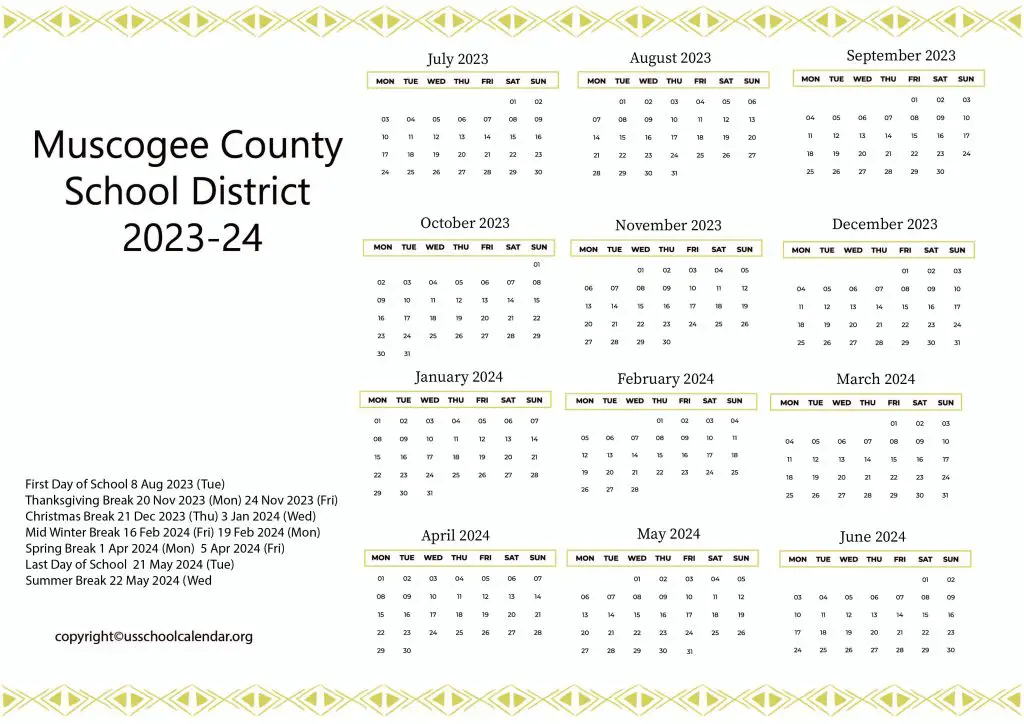 Muscogee County School District Calendar