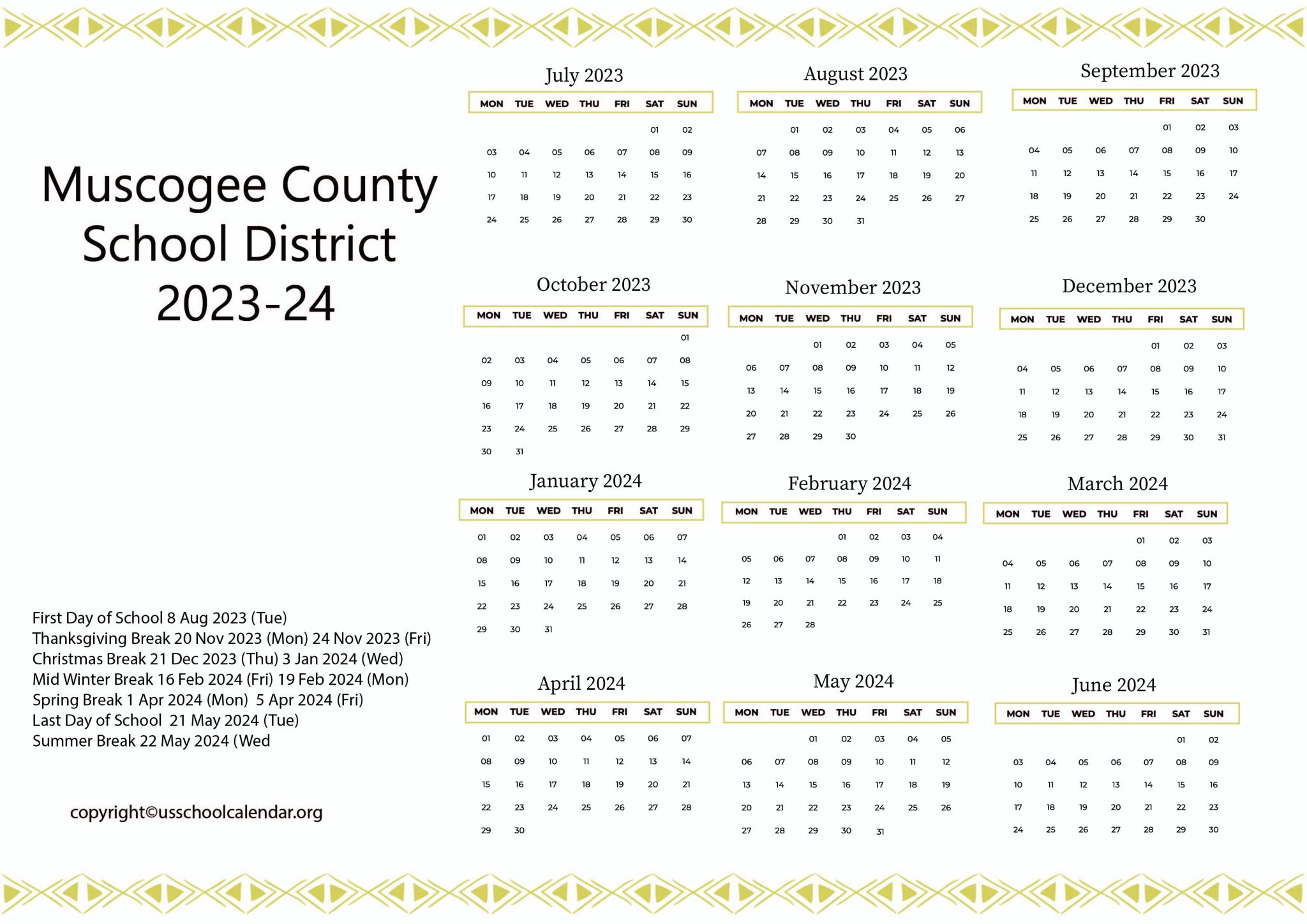 Muscogee County School District Calendar Holidays 20232024