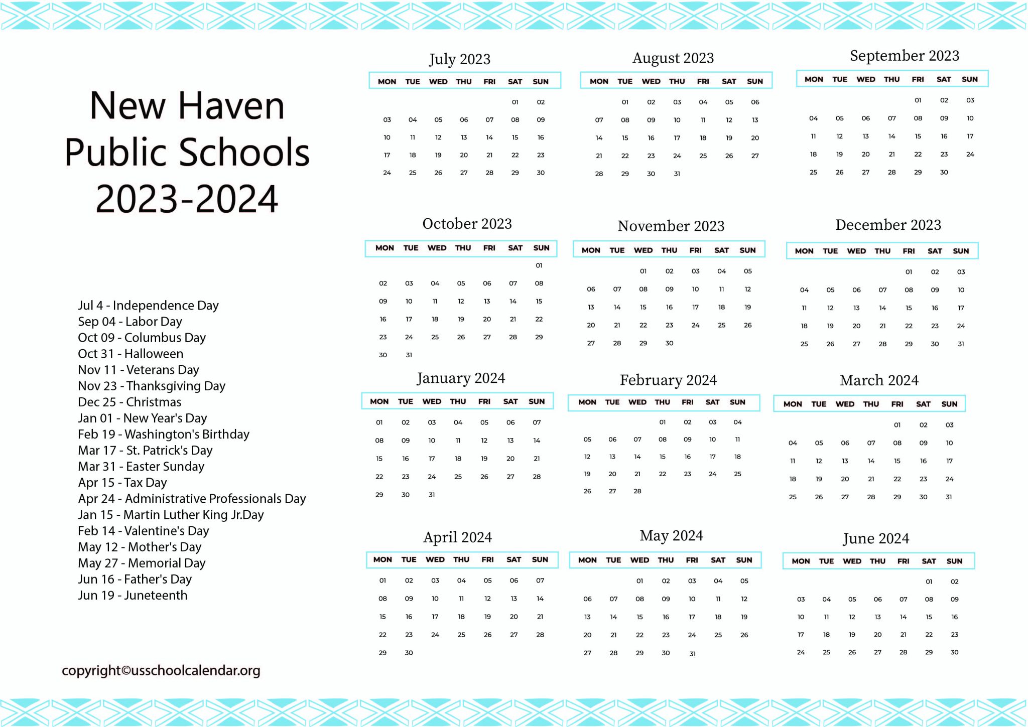 New Haven Public Schools Calendar with Holidays 20232024