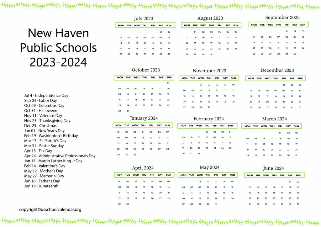 New Haven Public Schools District Calendar