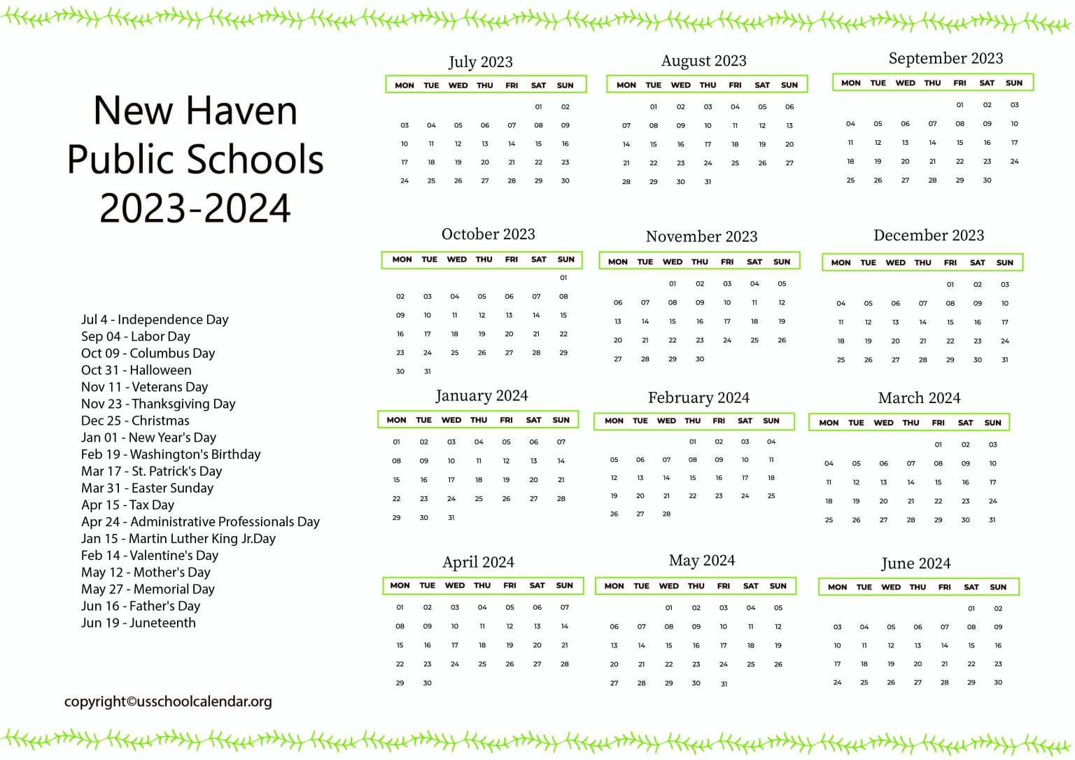 New Haven Public Schools Calendar with Holidays 2023 2024