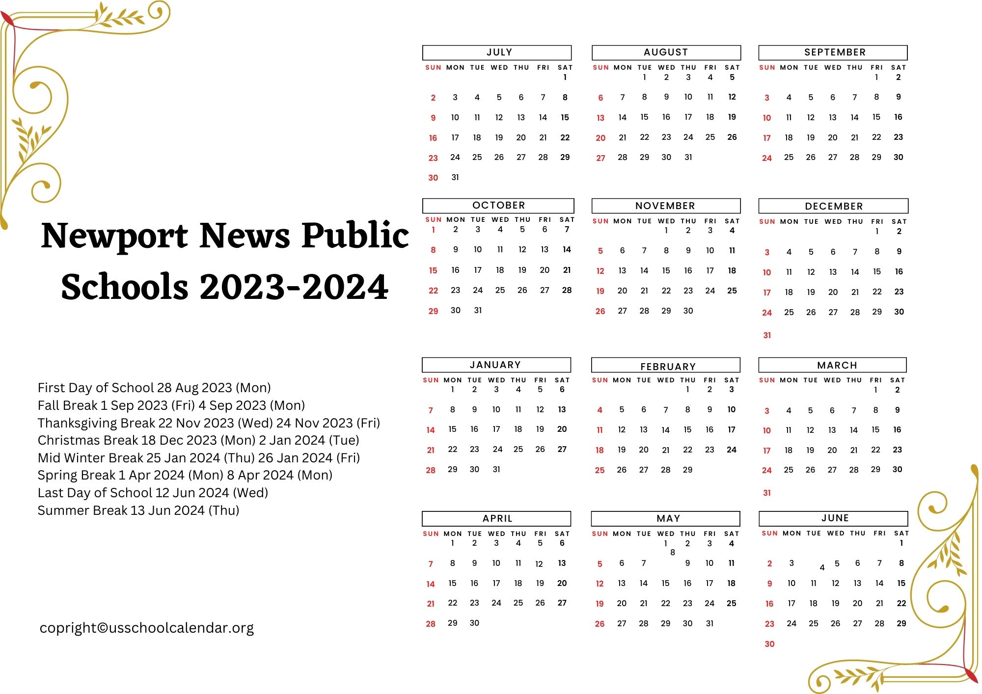 Newport News Public Schools Calendar with Holidays 20232024