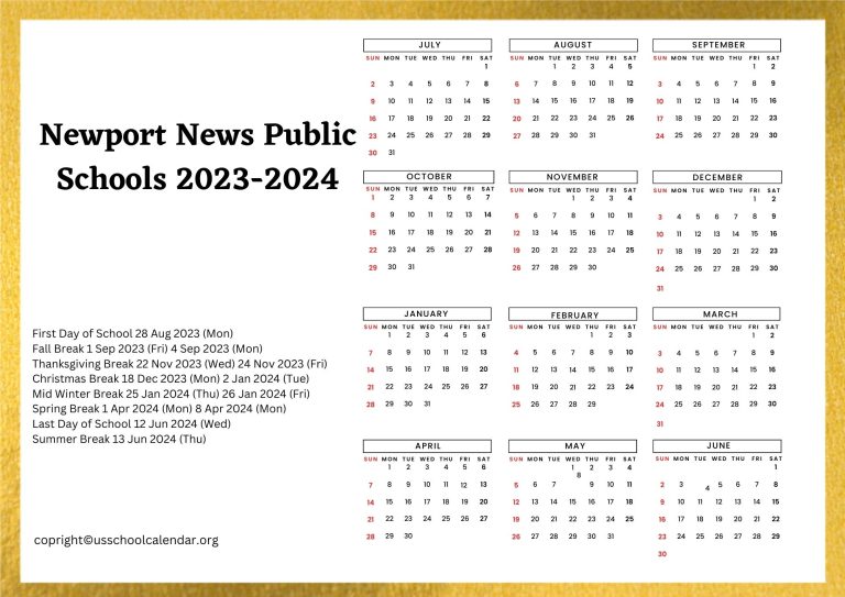 Newport News Public Schools Calendar with Holidays 20232024