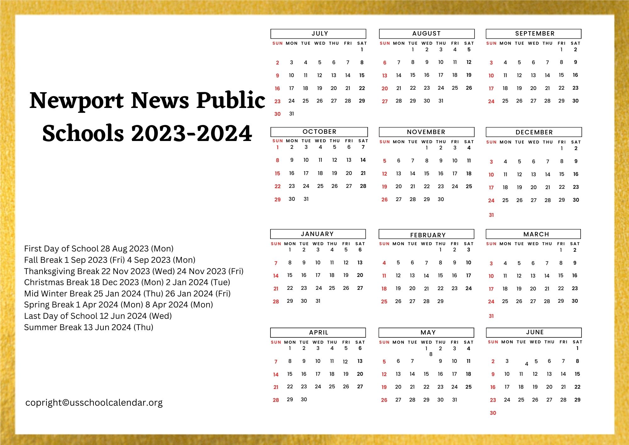 Newport News Public Schools Calendar with Holidays 20232024