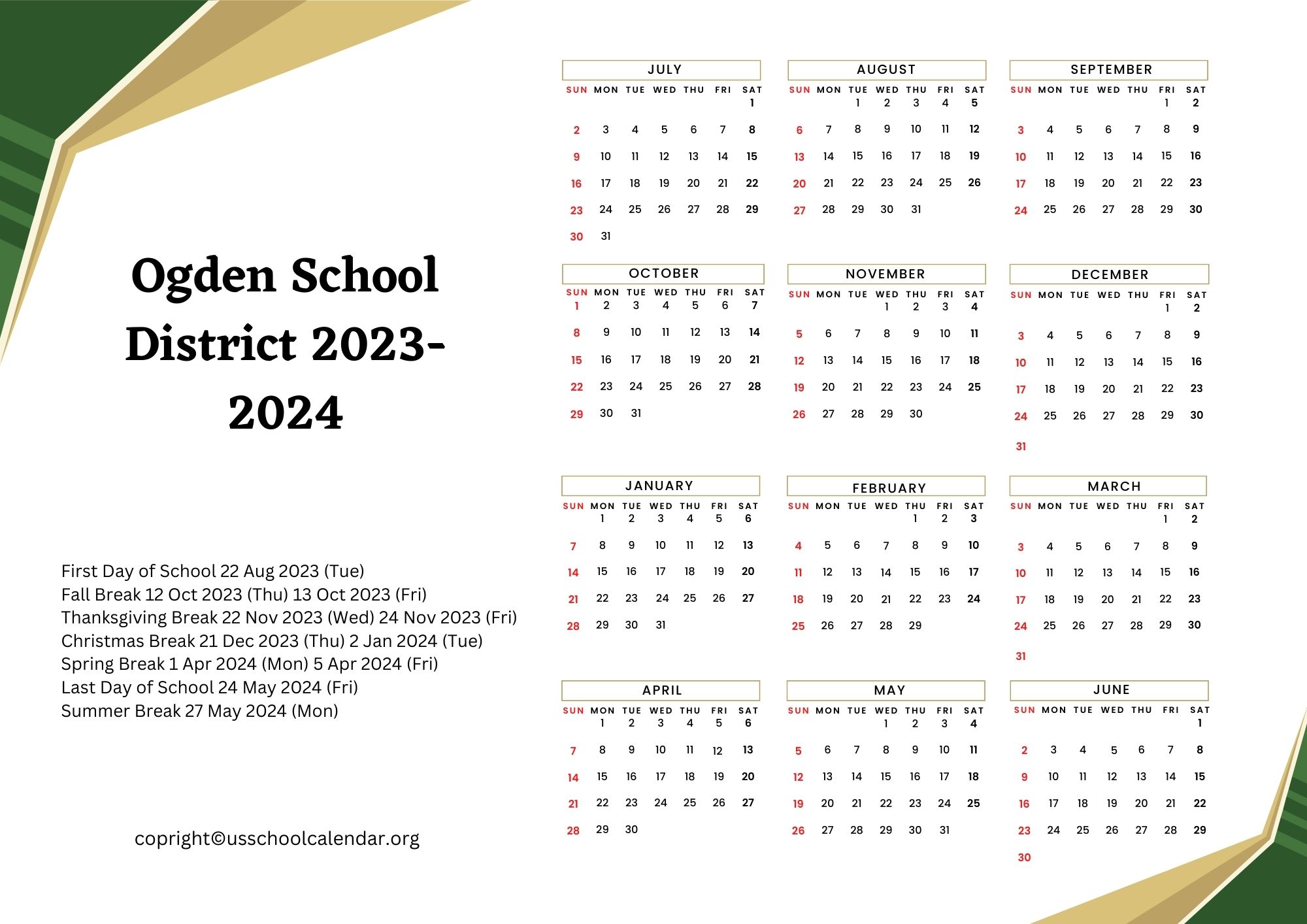 Ogden School District Calendar with Holidays 20232024