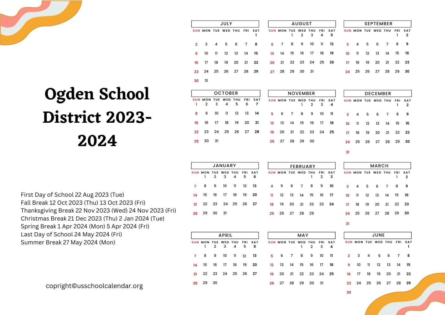 Ogden School District Calendar with Holidays 2023 2024
