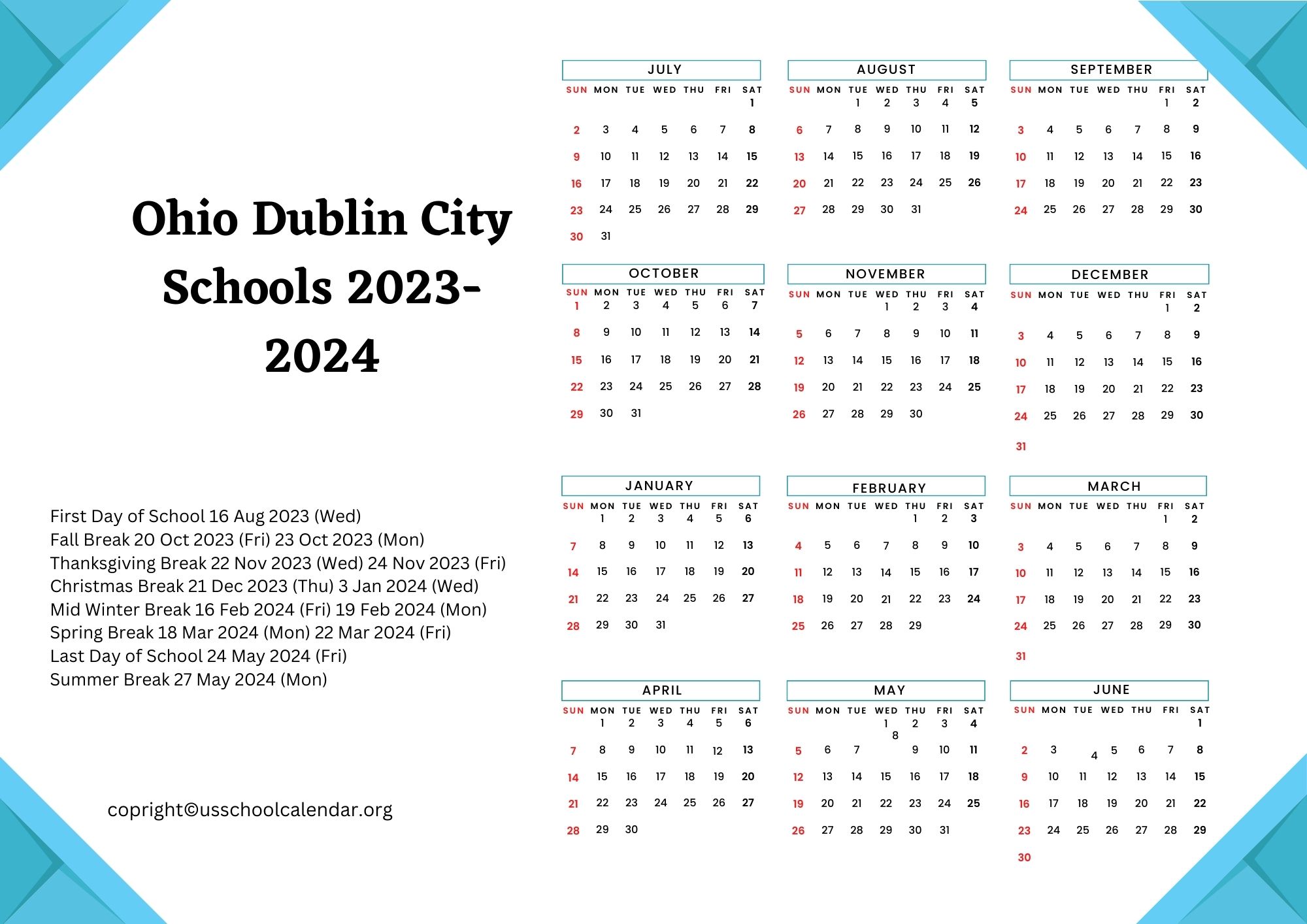 Ohio Dublin City Schools Calendar with Holidays 20232024