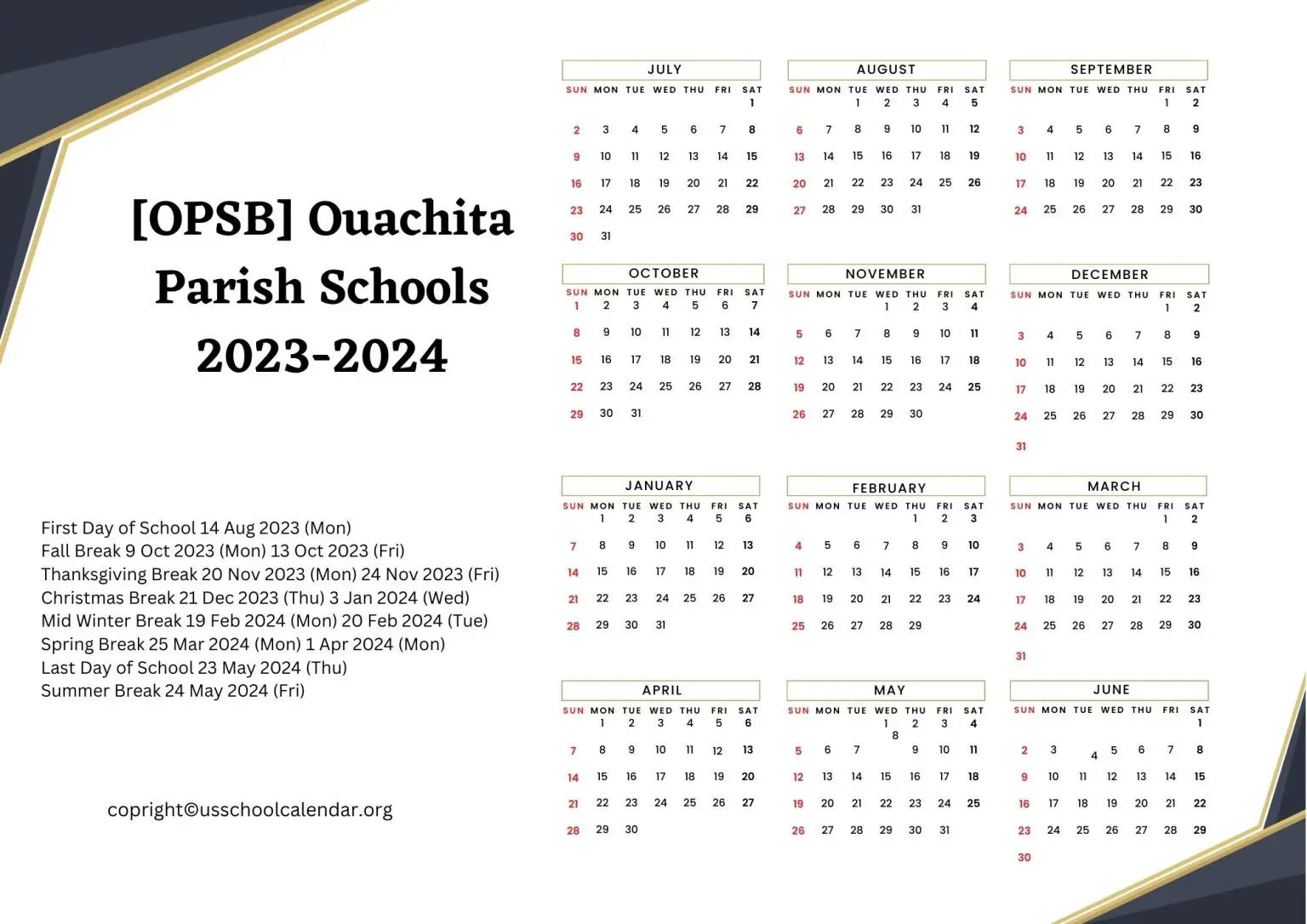 [OPSB] Ouachita Parish Schools Calendar Holidays 20232024
