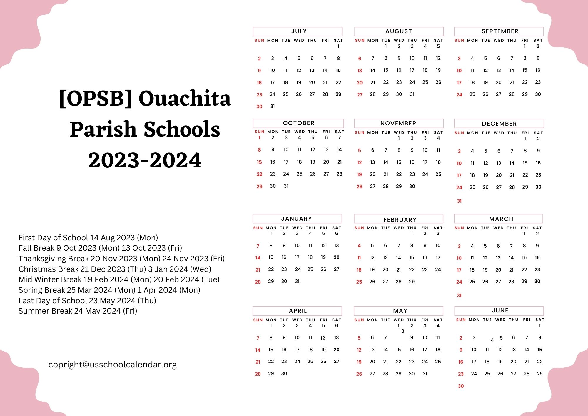 [OPSB] Ouachita Parish Schools Calendar Holidays 20232024