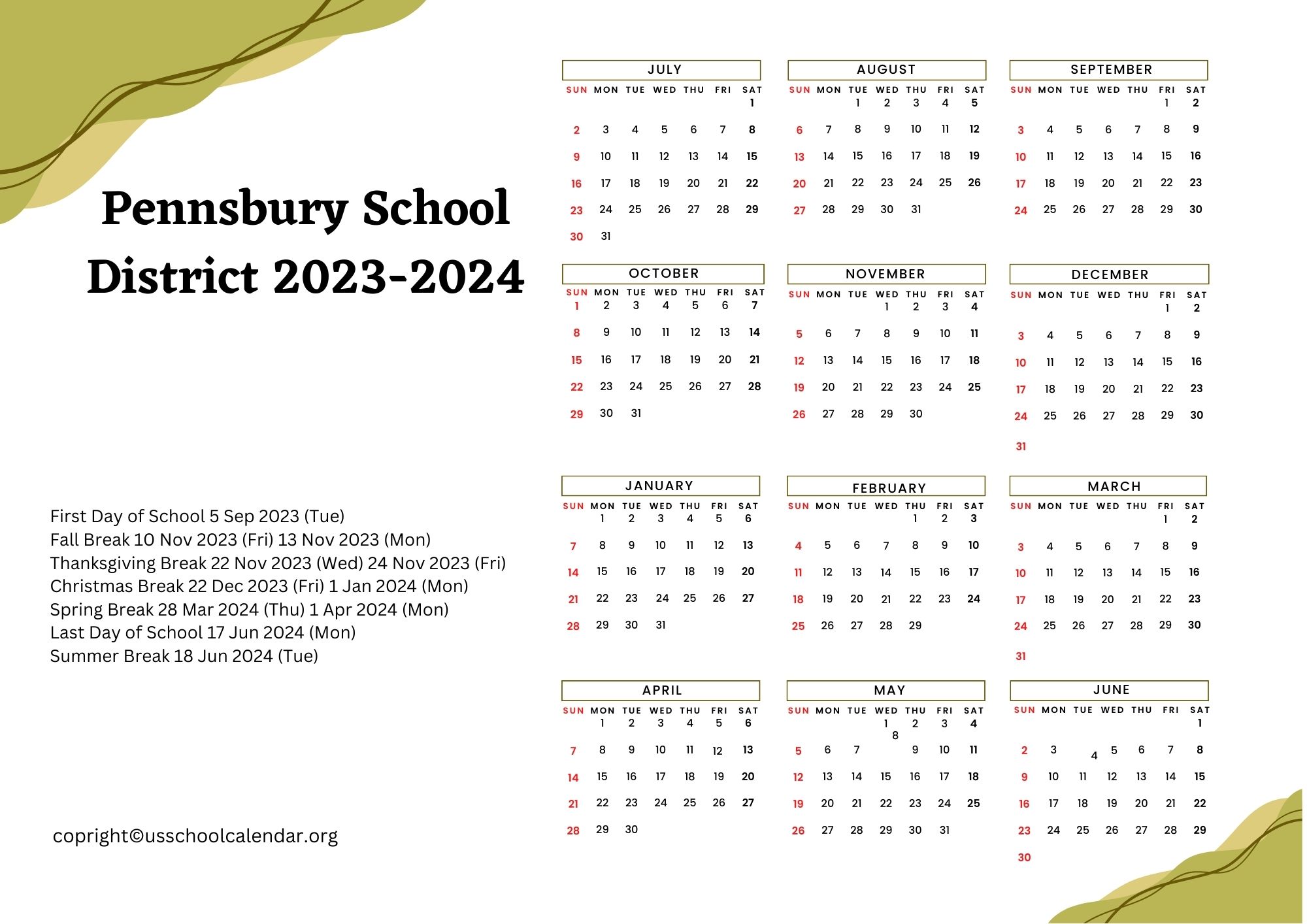 Pennsbury School District Calendar with Holidays 2023 2024
