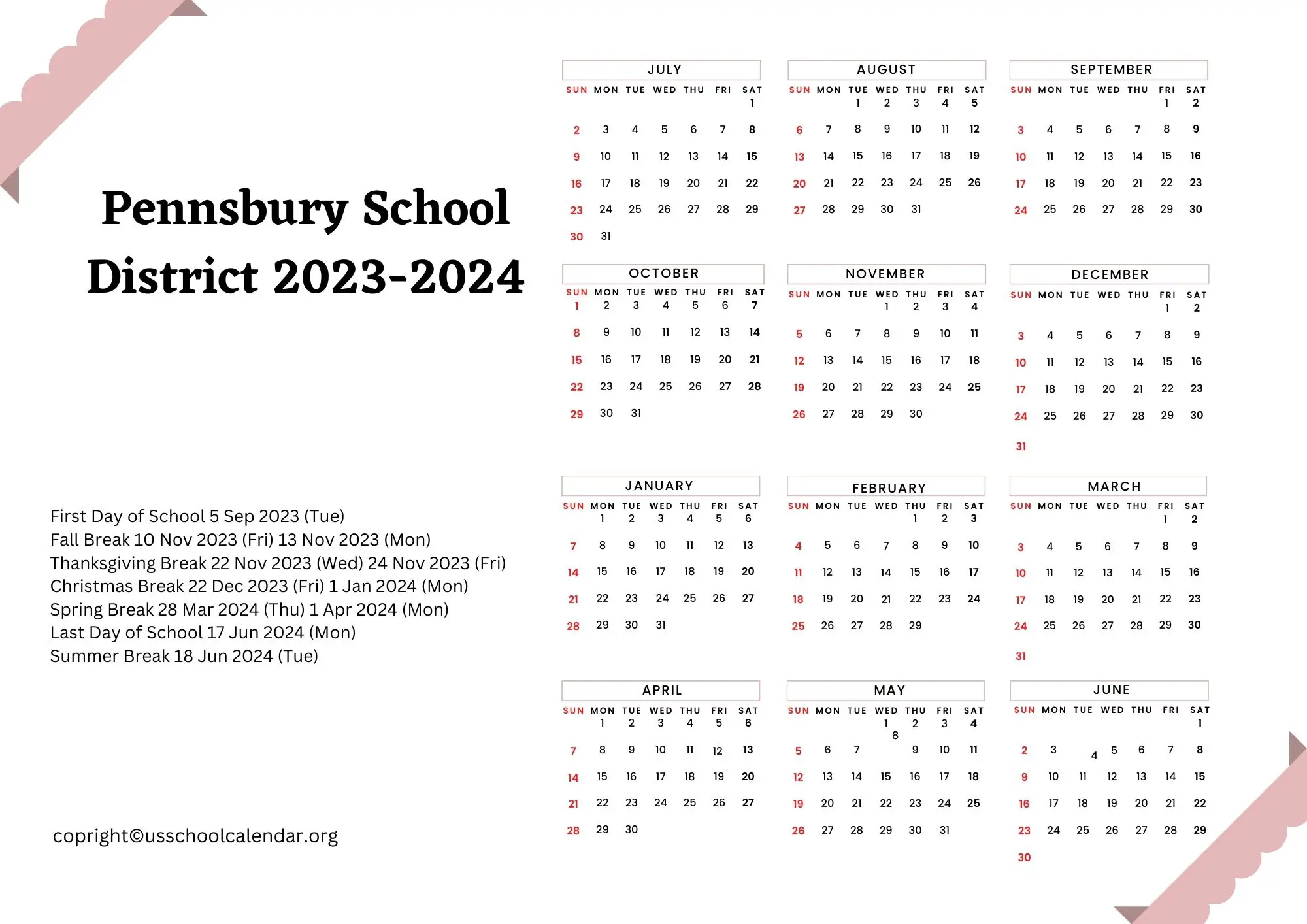 Pennsbury School District Calendar with Holidays 20232024
