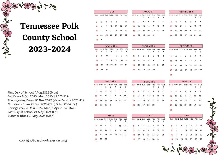 Tennessee Polk County School Calendar with Holidays 20232024