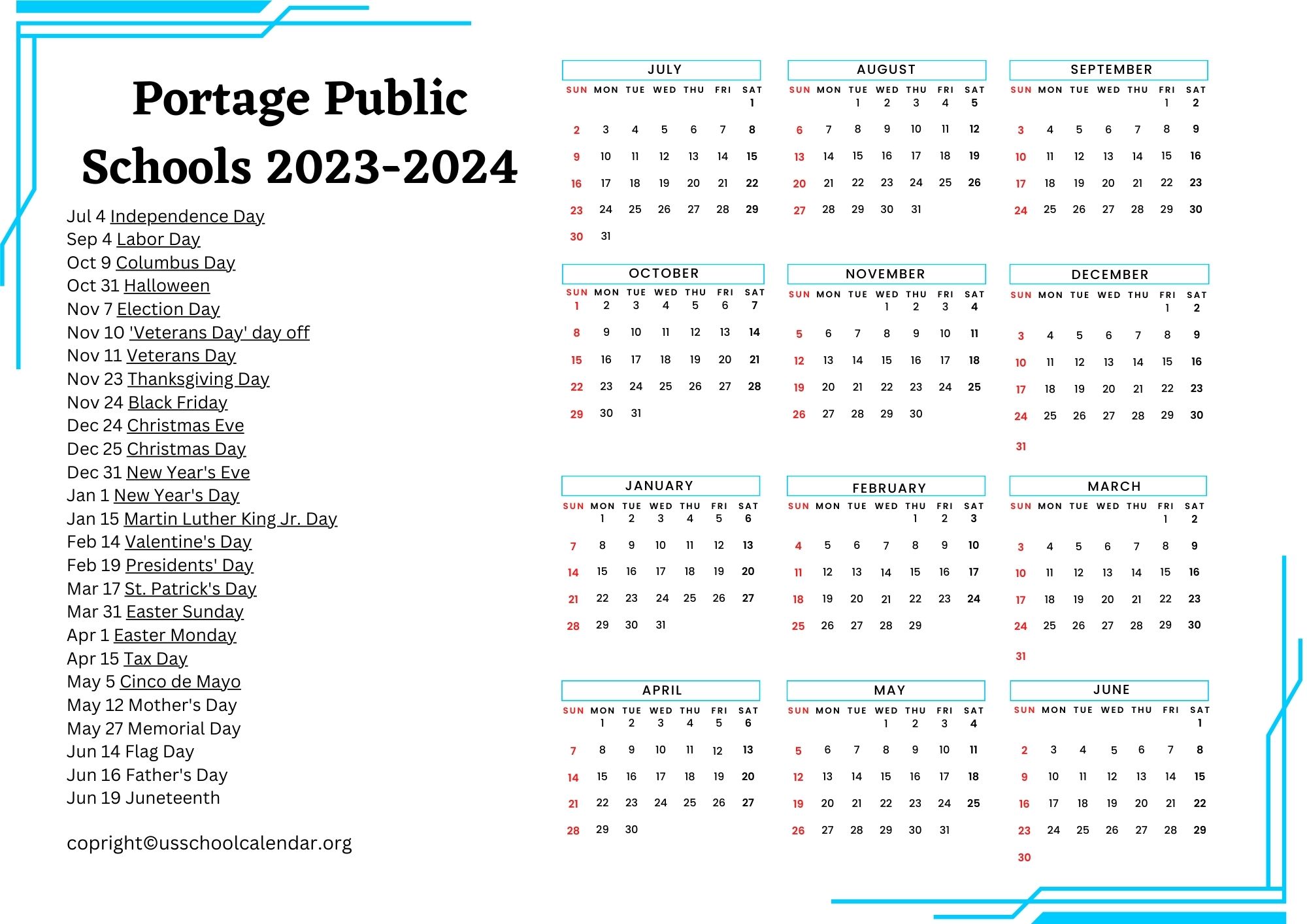 Portage Public Schools Calendar with Holidays 20232024