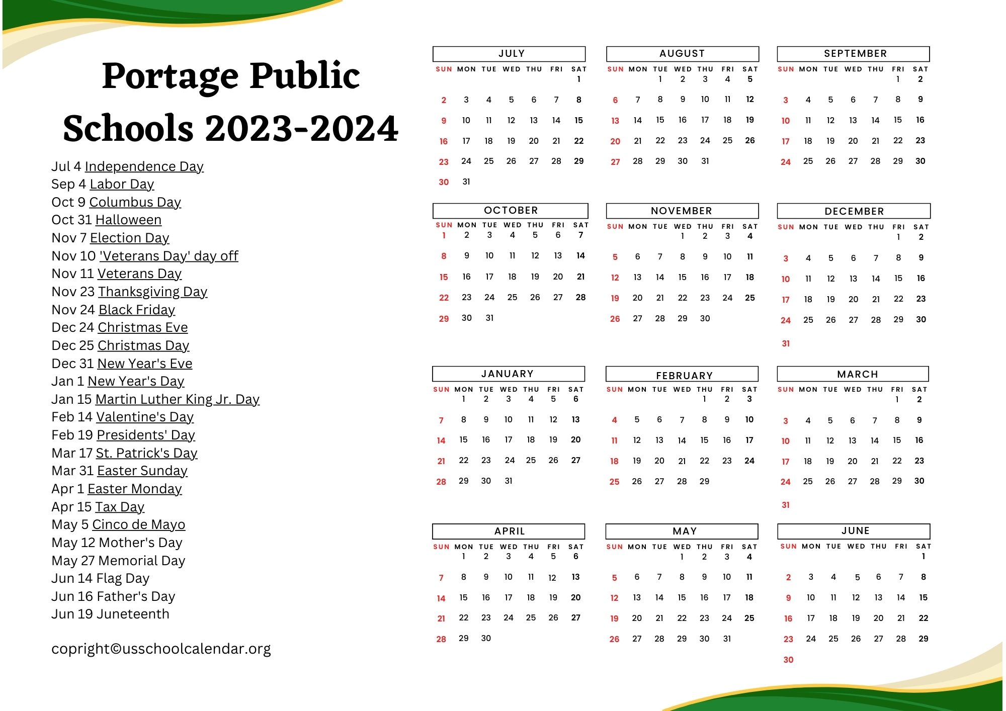 Portage Public Schools Calendar with Holidays 20232024