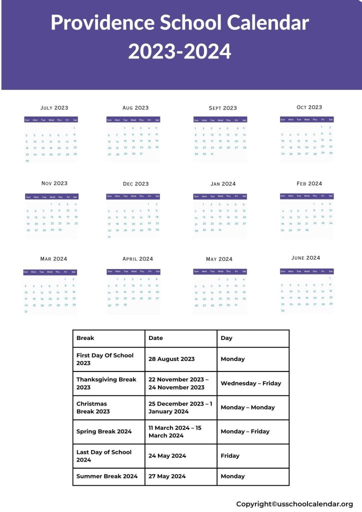 Providence School Holidays US School Calendar