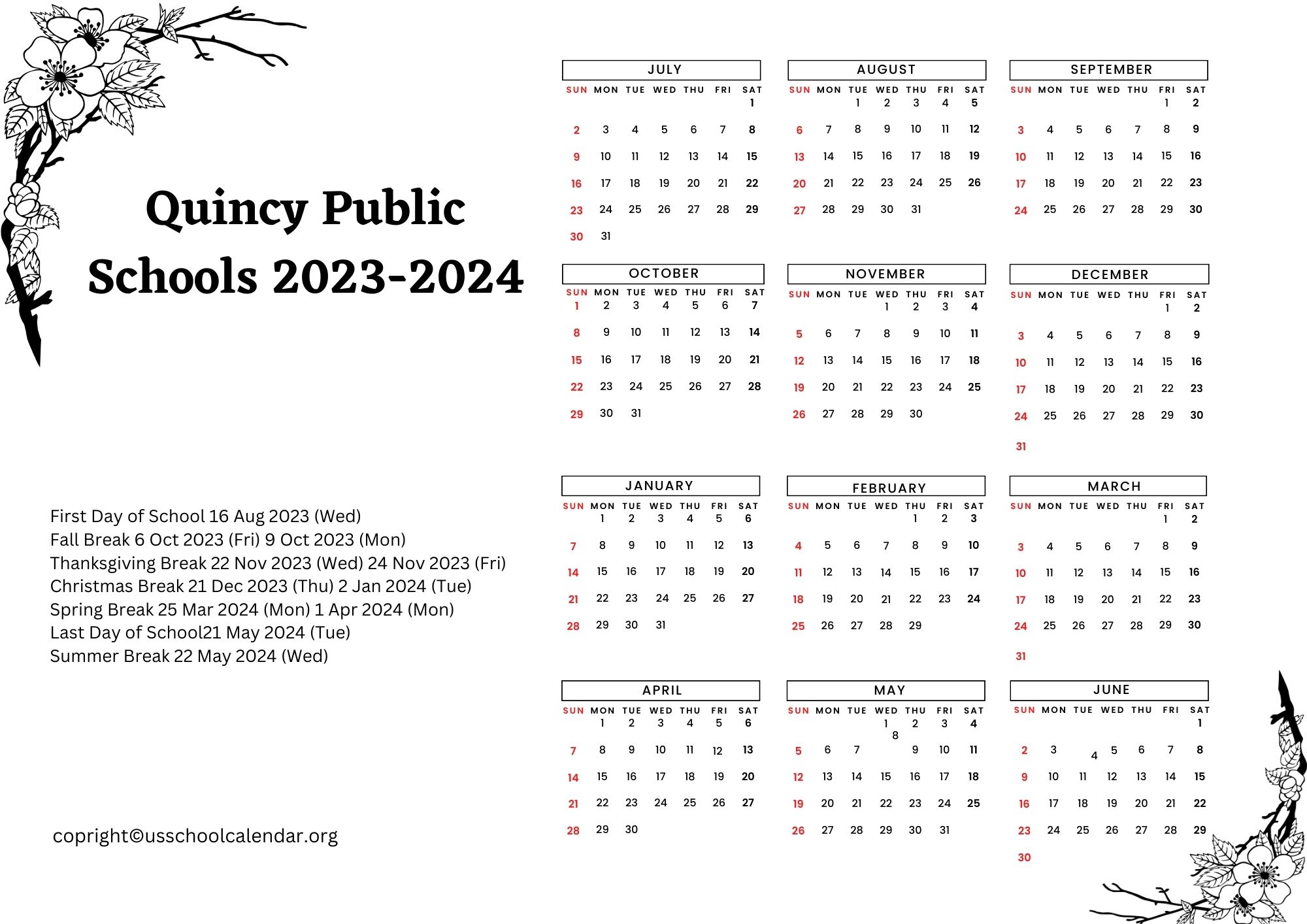 Quincy Public Schools Calendar with Holidays 2023 2024