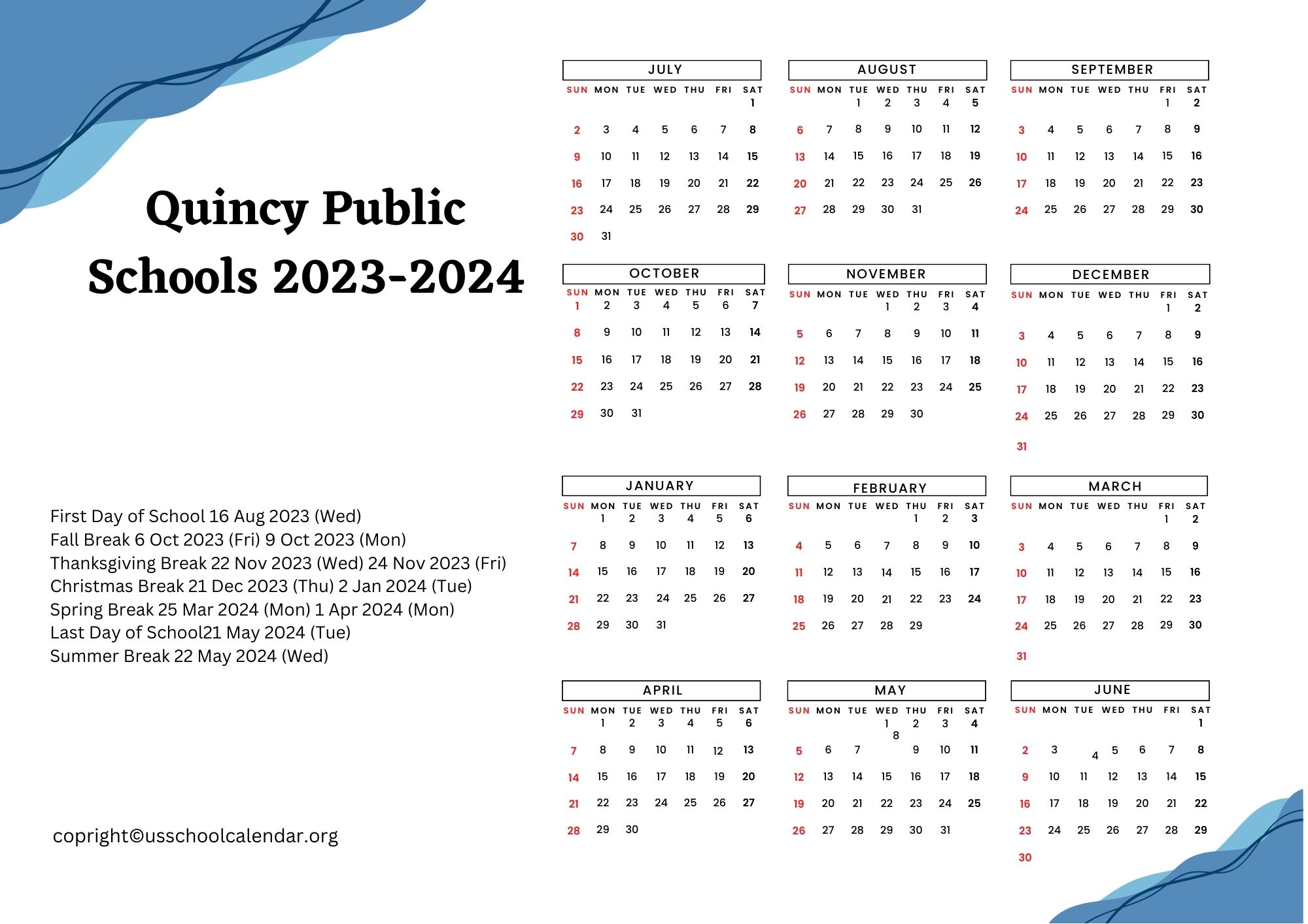 Quincy Public Schools Calendar with Holidays 2023 2024
