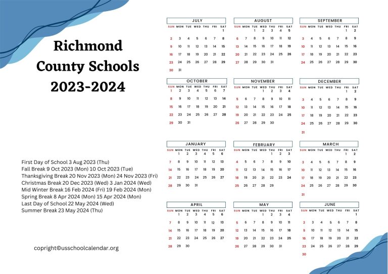 Richmond County Schools Calendar with Holidays 2023 2024