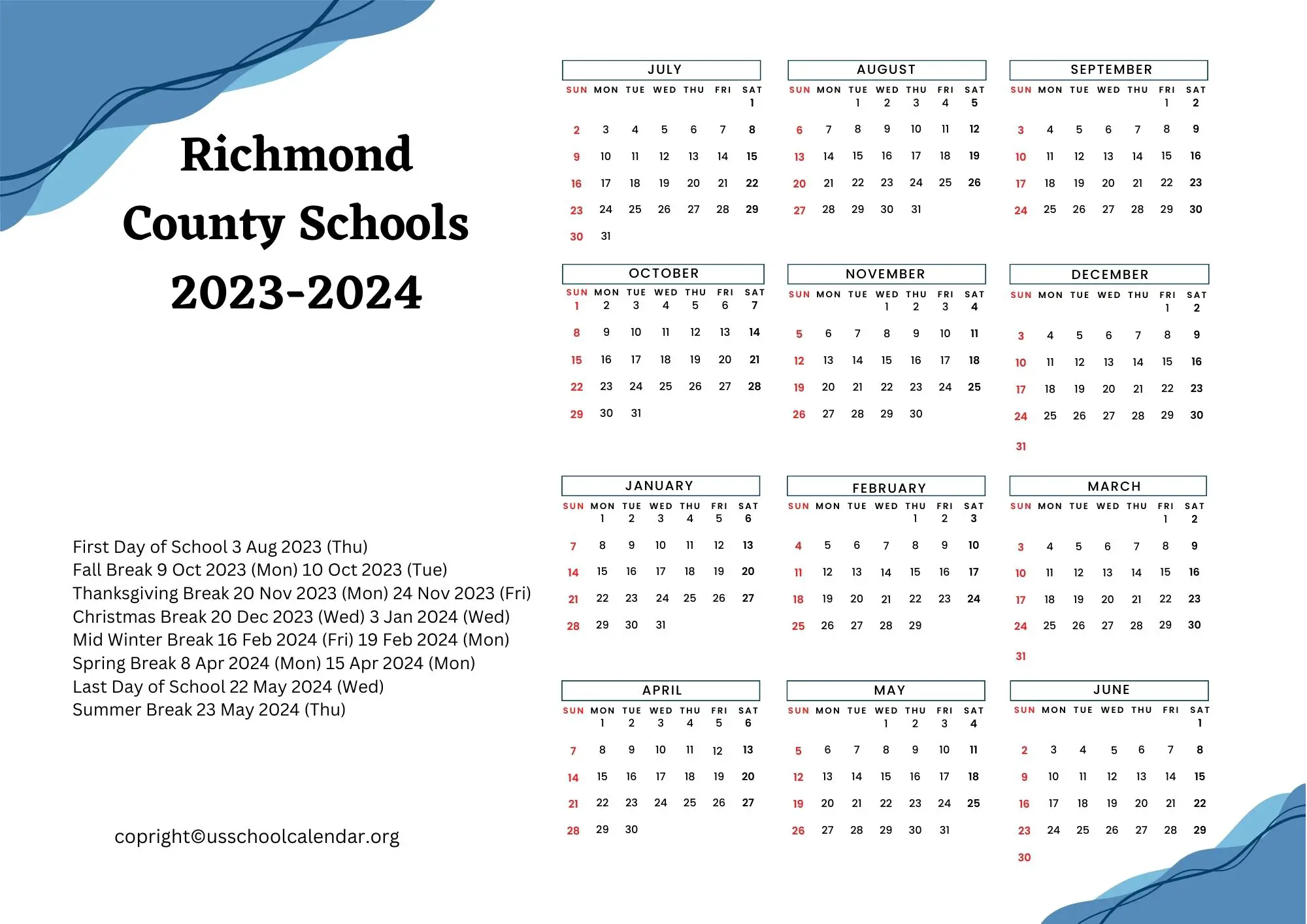 Richmond County Schools Calendar with Holidays 20232024