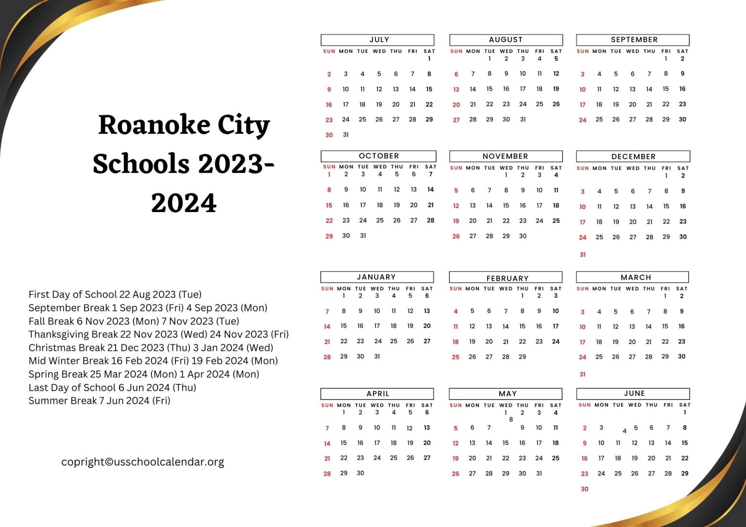 Roanoke City Schools Calendar with Holidays 2023 2024