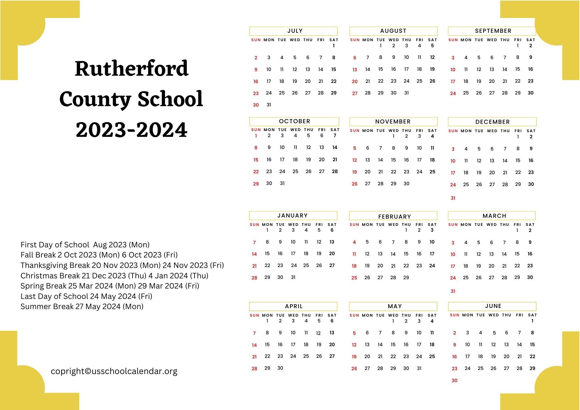 Rutherford County School Calendar with Holidays 20232024