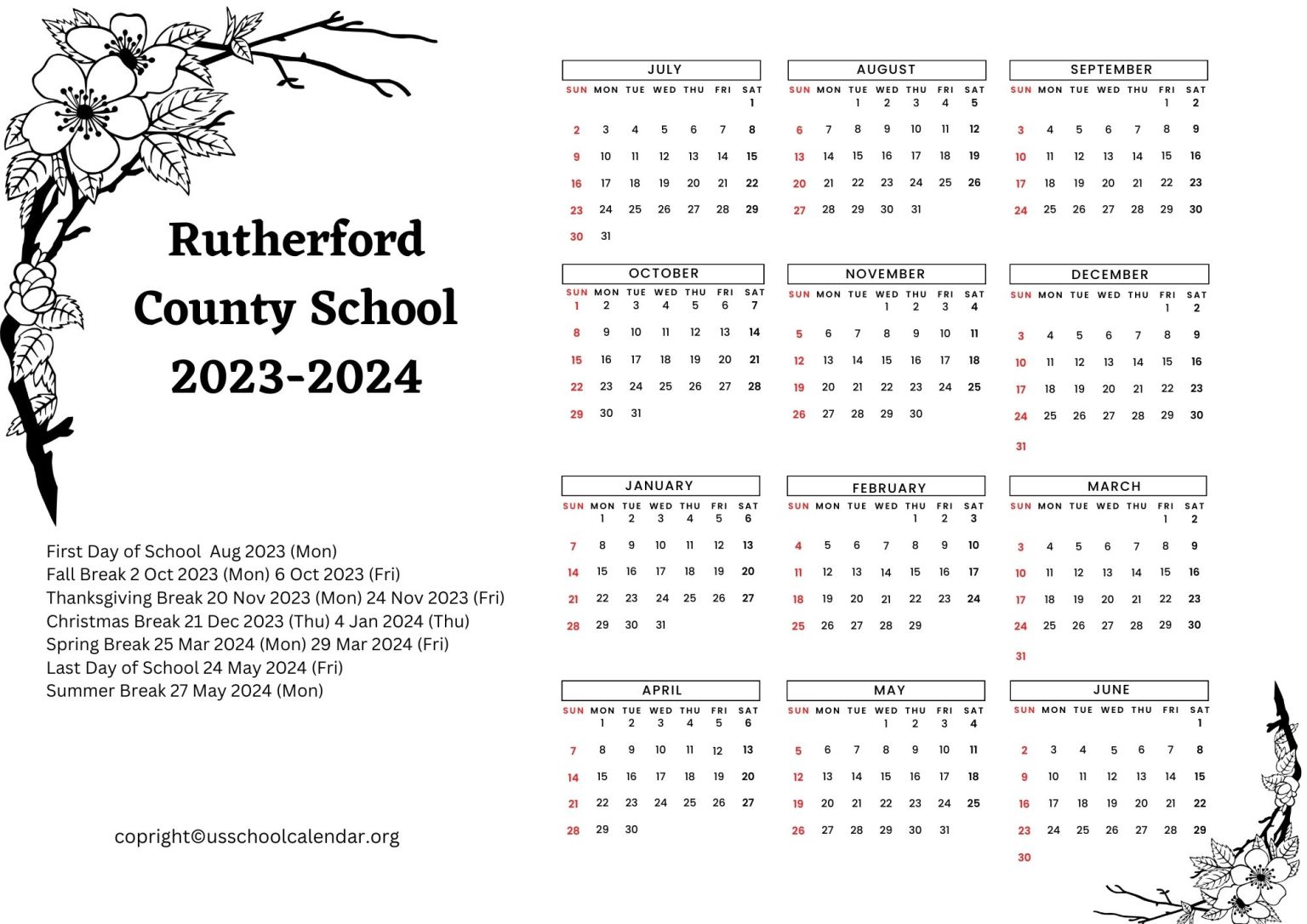 Rutherford County School Calendar with Holidays 20232024