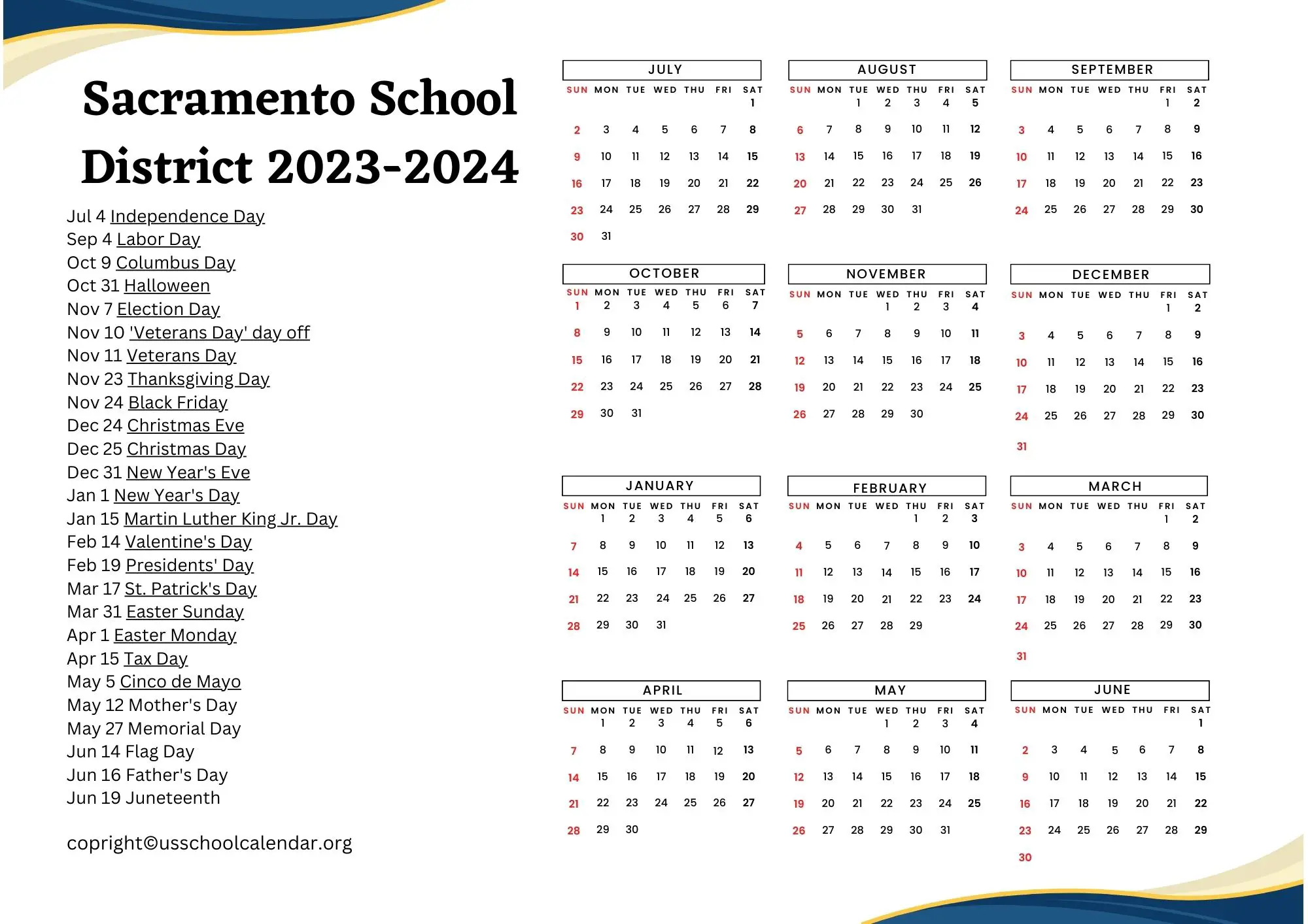 Sacramento School District Calendar with Holidays 20232024