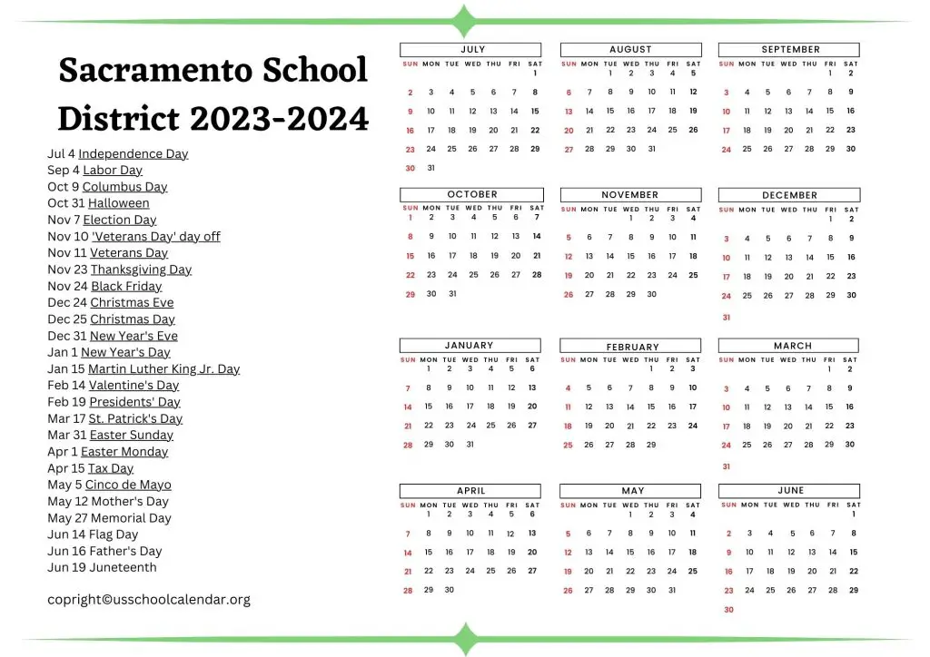 Sacramento School District Holiday Calendar