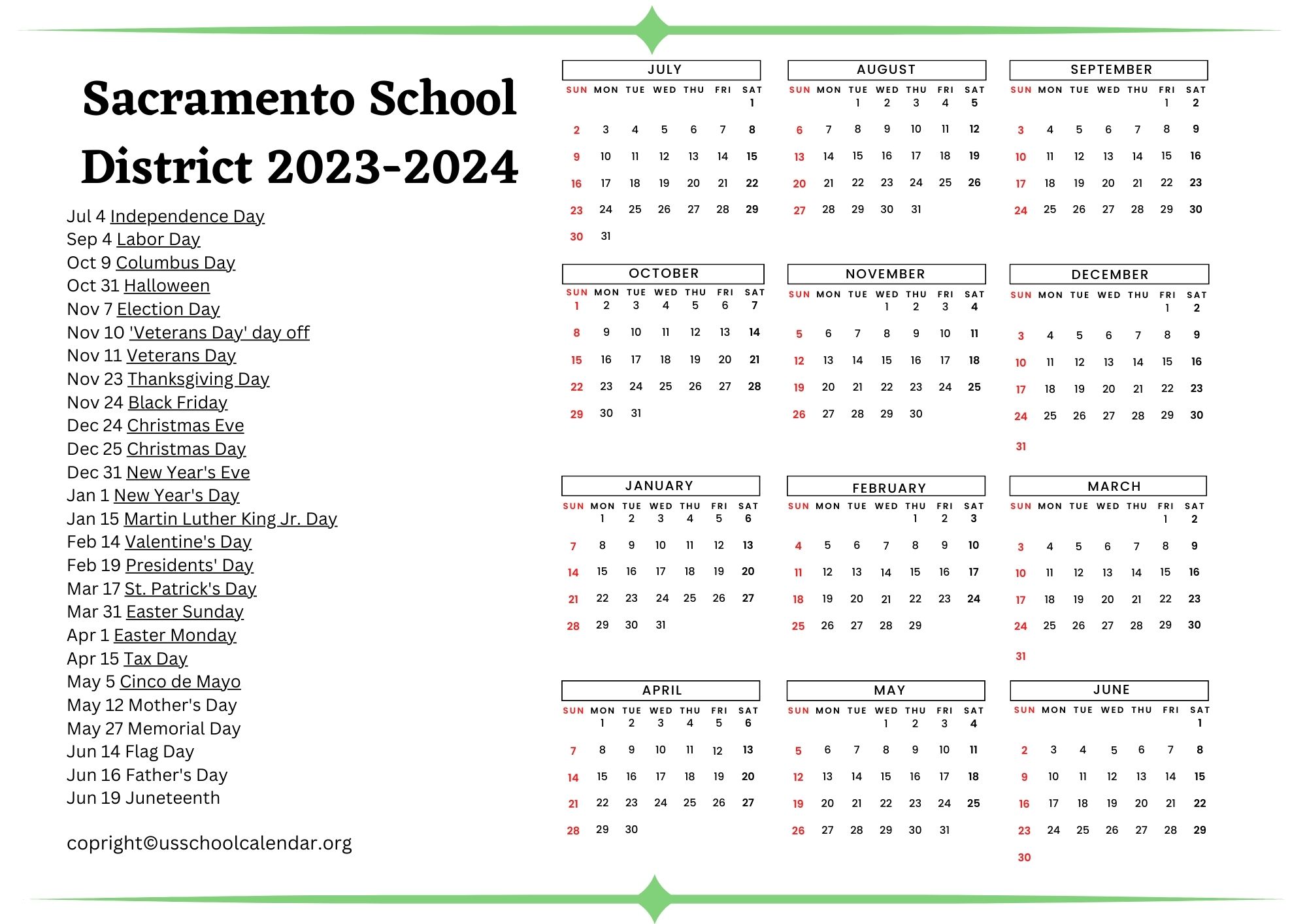 Sacramento School District Calendar with Holidays 20232024