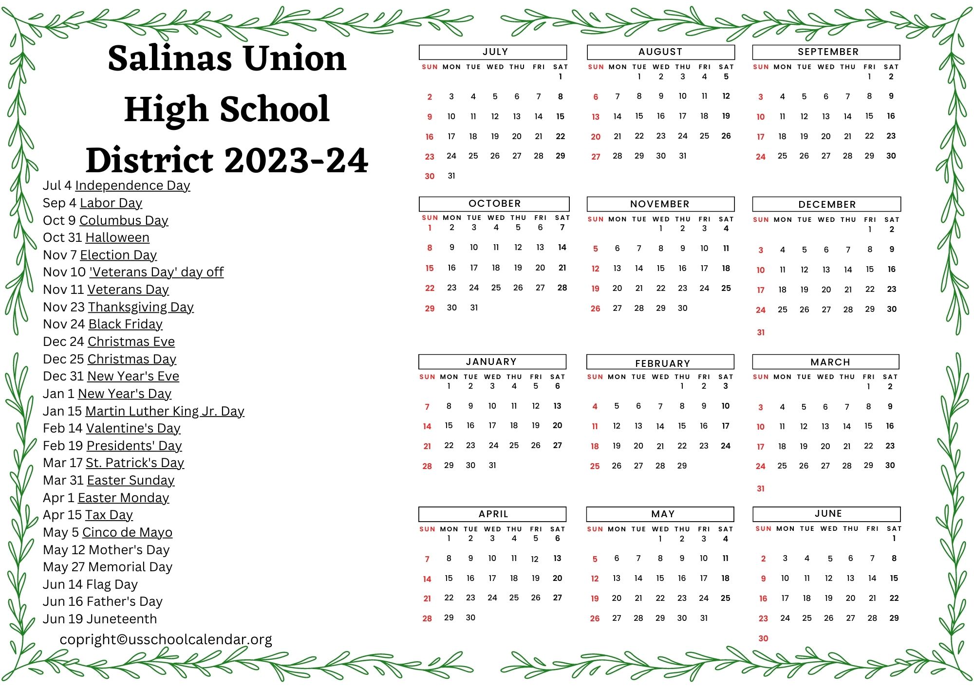 Salinas Union High School District Calendar with Holidays 202324