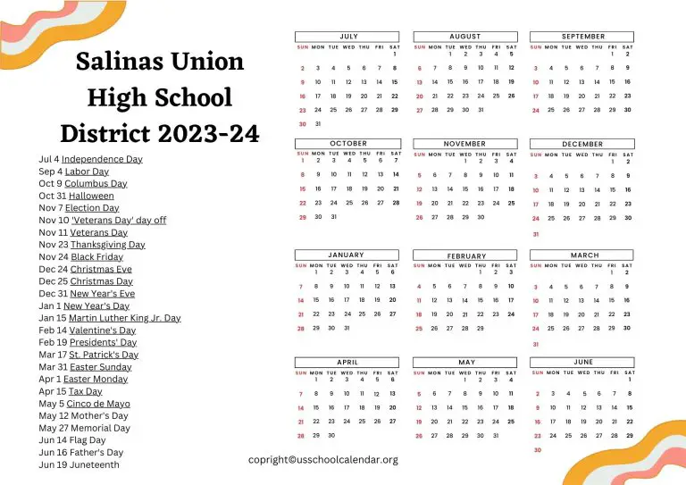 Salinas Union High School District Calendar with Holidays 202324