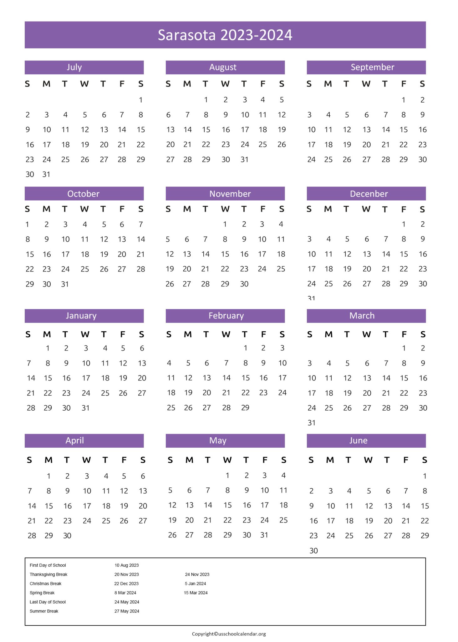 Sarasota Public School Calendar with Holidays 20232024