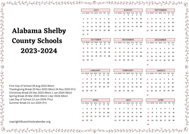 Alabama Shelby County Schools Calendar 20232024