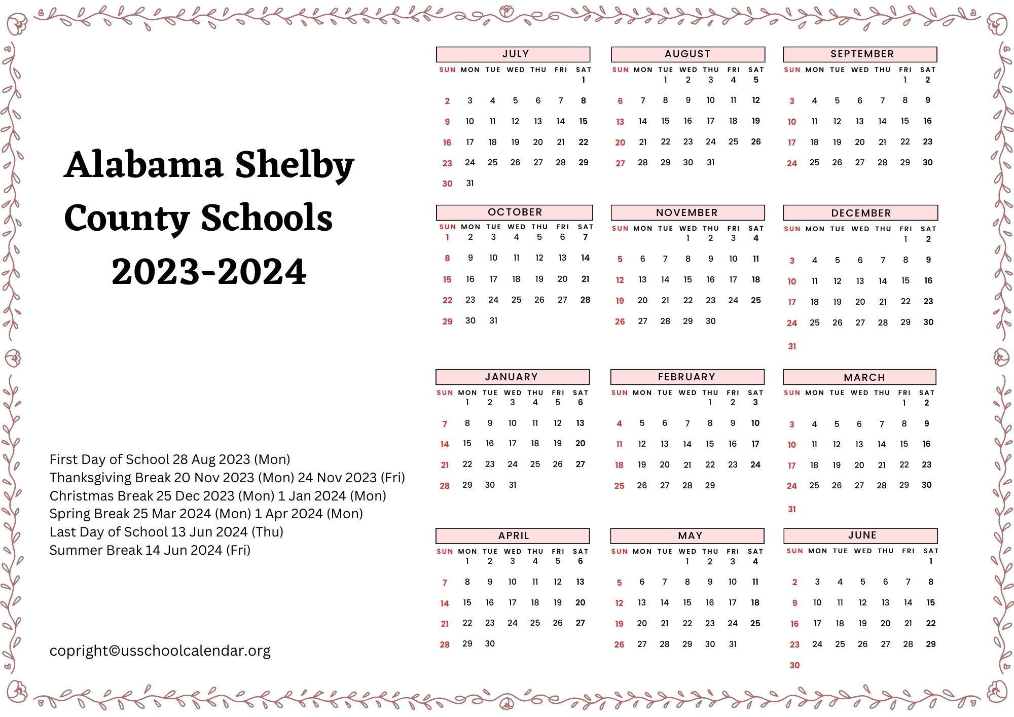 Alabama Shelby County Schools Calendar 20232024