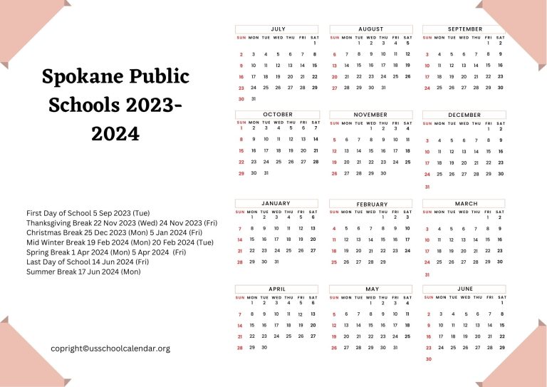 Spokane Public Schools Calendar with Holidays 20232024