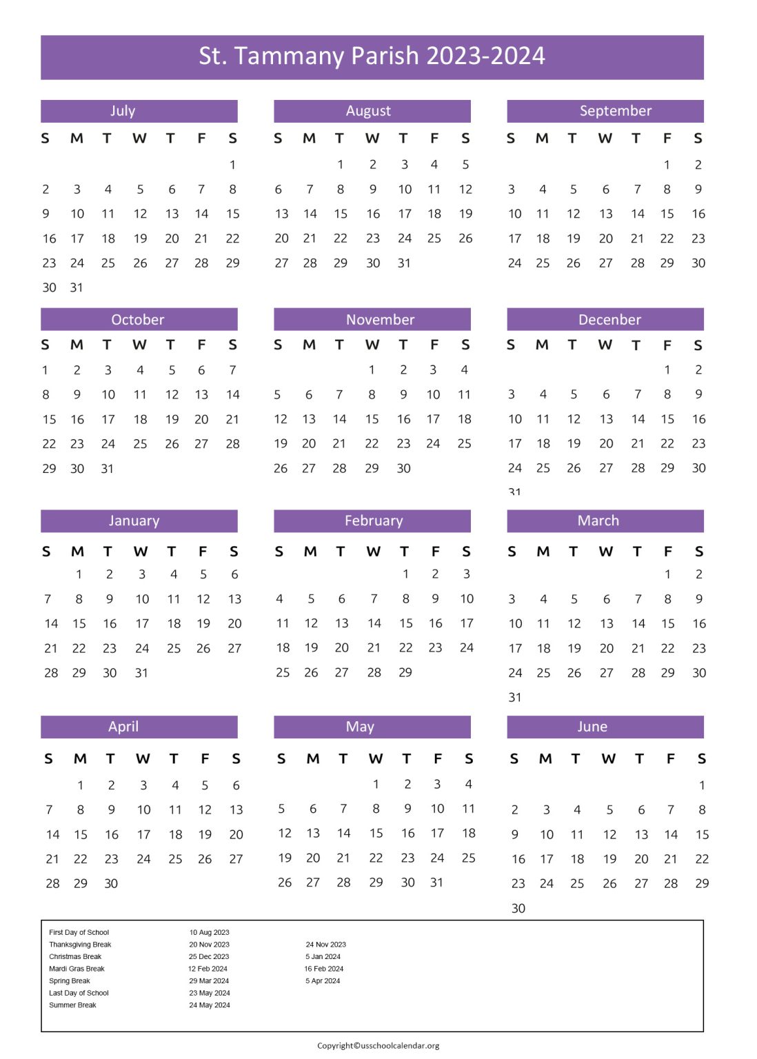 St Tammany Parish Schools Calendar with Holidays 2023 2024