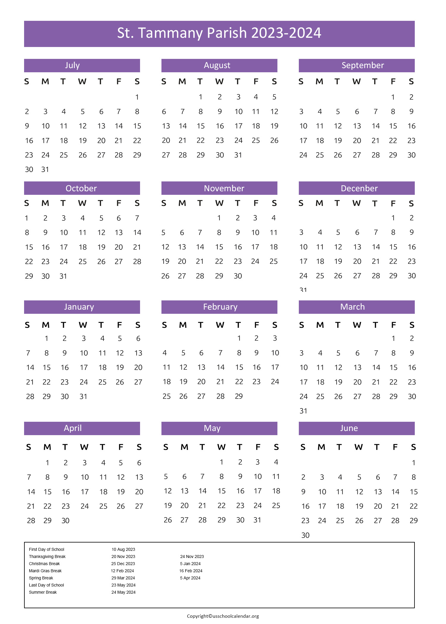 St Tammany Parish Schools Calendar with Holidays 2023-2024