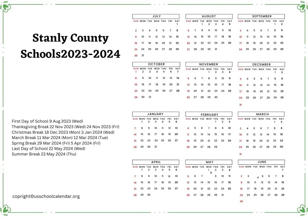 Stanly County Schools Calendar