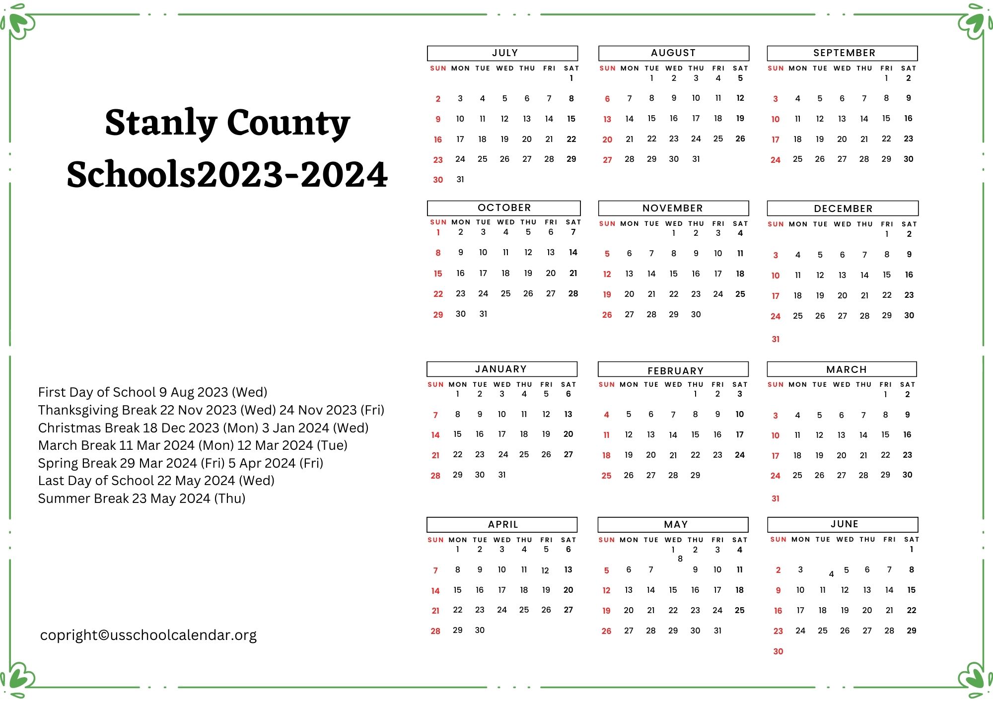 Stanly County Schools Calendar with Holidays 20232024