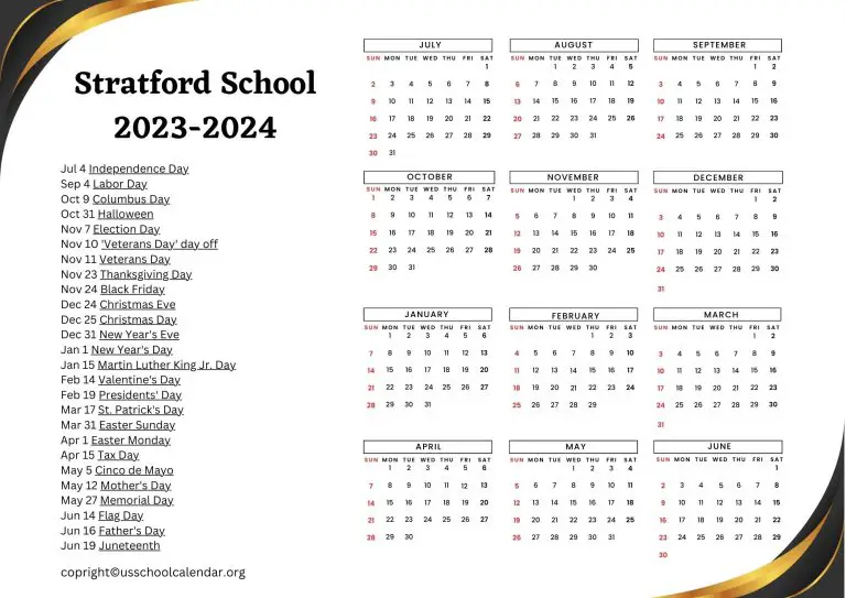 Stratford School Calendar with Holidays 20232024