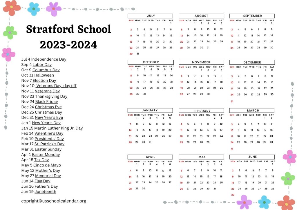 Stratford School Holiday Calendar