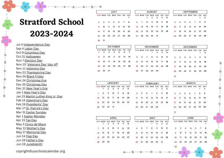 Stratford School Calendar with Holidays 20232024