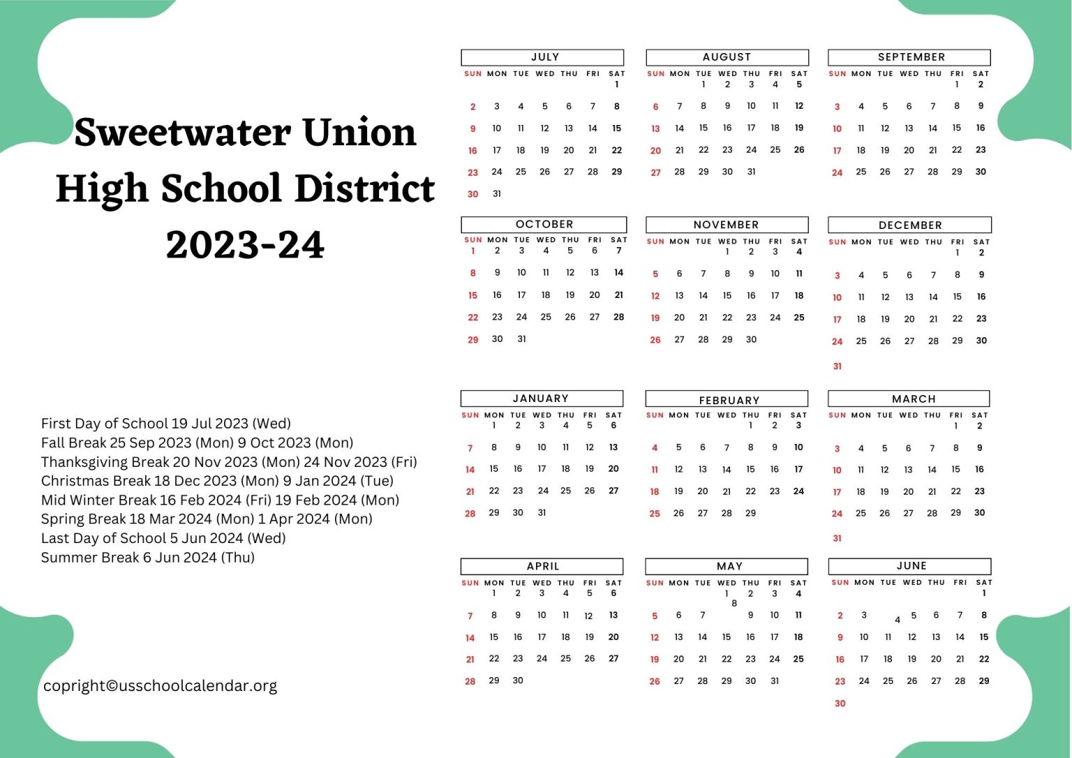 Sweetwater City Schools Calendar with Holidays 20232024