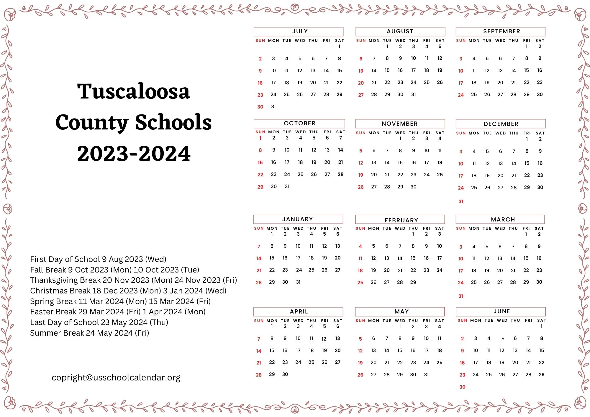 Tuscaloosa County Schools Calendar with Holidays 20232024
