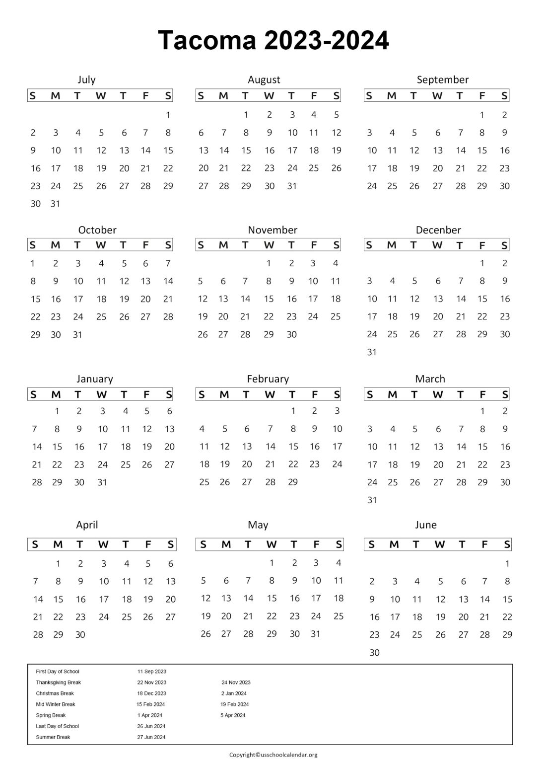 Tacoma Public Schools Calendar with Holidays 2023 2024