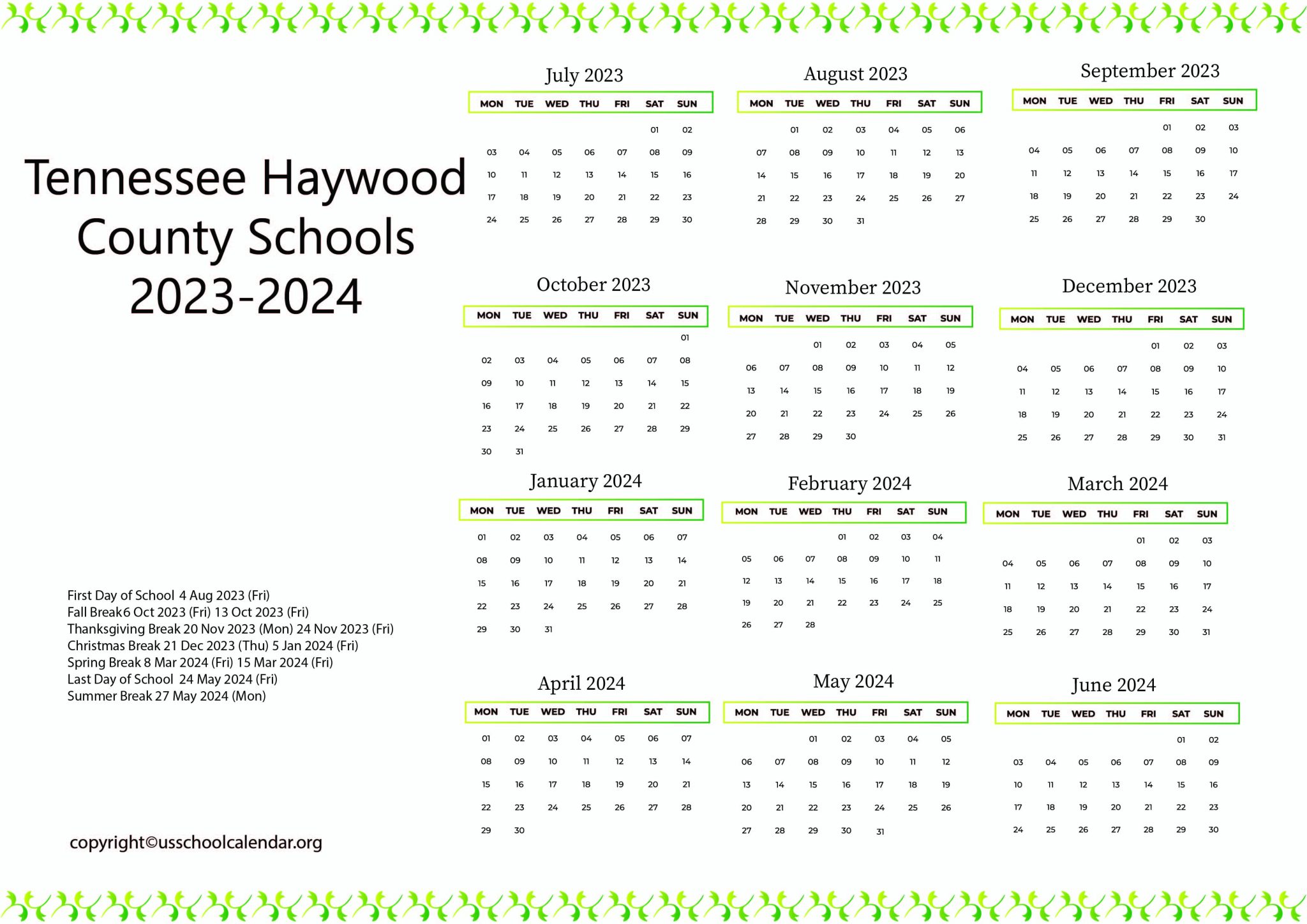 Tennessee Haywood County Schools Calendar for 20232024